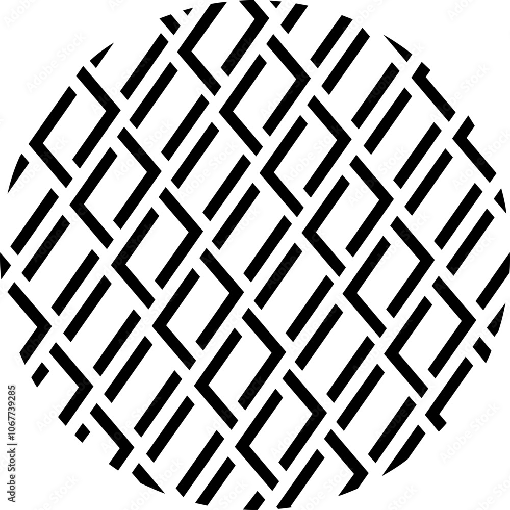 A circular composition contains a repeating pattern of diagonal black lines. The geometric fragments are consistently spaced and angled at 45 degrees, forming a rhythmic pattern. A circular composition contains a repeating pattern of diagonal black lines. The geometric fragments are consistently spaced and angled at 45 degrees, forming a rhythmic pattern.