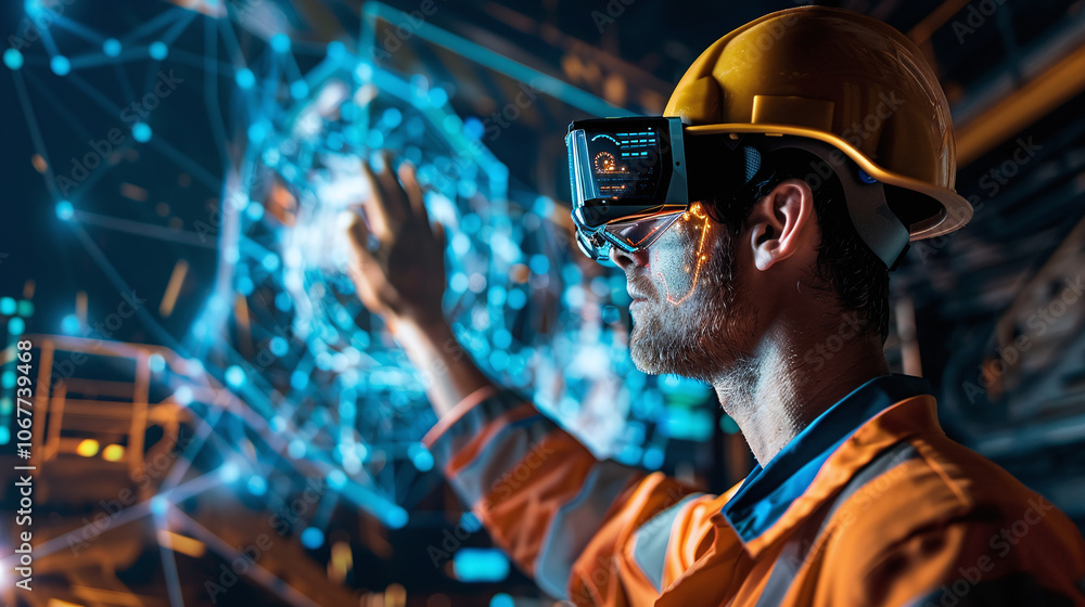 A construction worker uses virtual reality technology to interact with digital data while working at a modern industrial site during the evening A construction worker uses virtual reality technology to interact with digital data while working at a modern industrial site during the evening