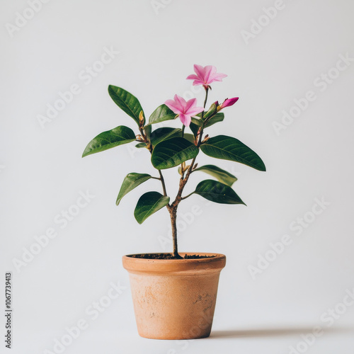 Potted plant with pink flowers and green leaves in a terra cotta pot set against a white background. Ideal for gardening themes, botanical discussions, home d cor, plant care guides, and educational photo