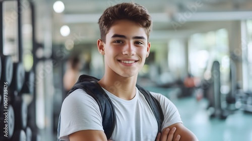 Confident teenage Hispanic student athlete smiling at camera in high school gymnasium while wearing backpack and athletic wear, copy space