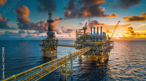 A vibrant sunset illuminates a bustling offshore oil rig positioned in the calm waters, showcasing industrial activity in the energy sector near the horizon