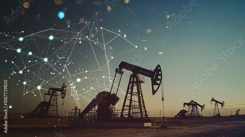 An industrial landscape at sunset with oil pumps silhouetted against a colorful sky, showcasing energy production and technological advancement in the oil sector