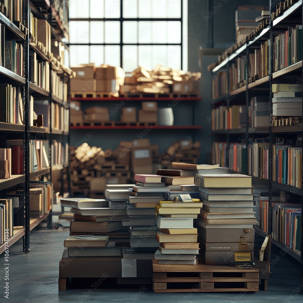 Obraz premium Clean Shelf of Books with Messy Warehouse Background