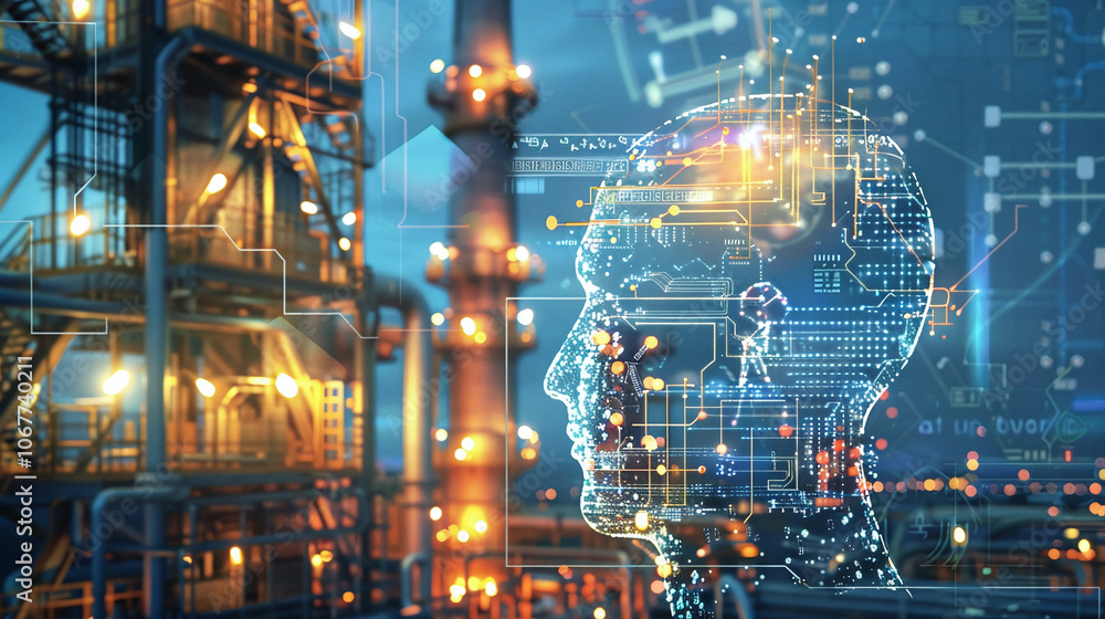 A futuristic representation of artificial intelligence blending with an oil refinery at night, capturing the synergy of technology and energy production