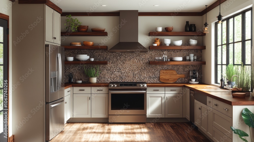 Modern Kitchen with Stainless Steel Appliances and Wood Accents Modern Kitchen with Stainless Steel Appliances and Wood Accents