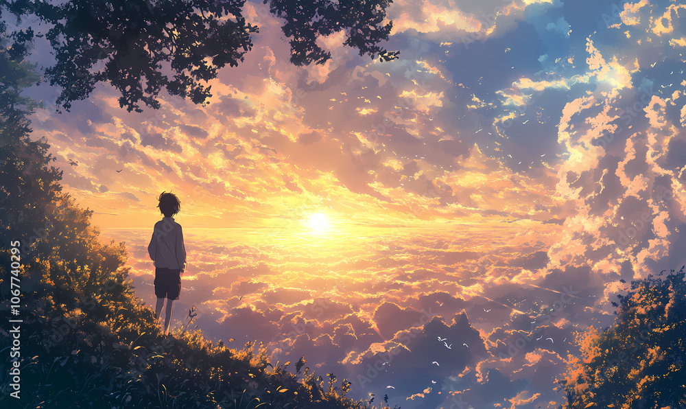 Obraz premium Sunset Serenity: A lone child silhouetted against a breathtaking sunset, gazing out at a vibrant sky filled with fluffy clouds. A poignant image evoking feelings of peace, wonder, and hope.