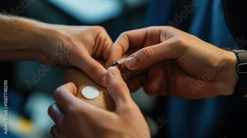 Close-up of a person applying an insulin patch on their arm