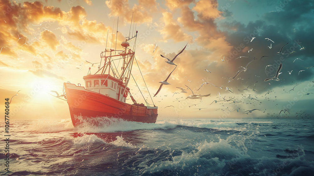 A fishing boat sails across the ocean under a vibrant sunset, surrounded by seagulls as waves crash against its hull
