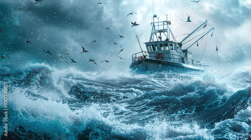 A fishing boat battles turbulent waves under a stormy sky while seabirds navigate the fierce winds during a tumultuous afternoon at sea