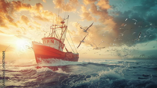 Obraz na płótnie A fishing boat sails across the ocean under a vibrant sunset, surrounded by seagulls as waves crash against its hull w salonie