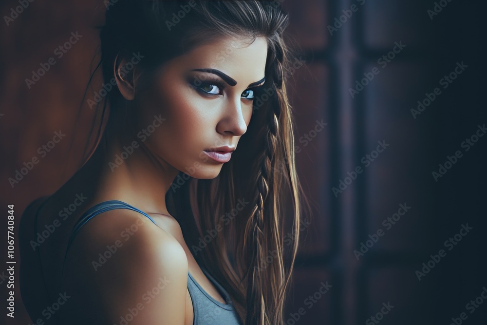 Portrait of a Beautiful Young Woman with Braids, Serious Expression, 80s and 90s Aesthetic Portrait of a Beautiful Young Woman with Braids, Serious Expression, 80s and 90s Aesthetic