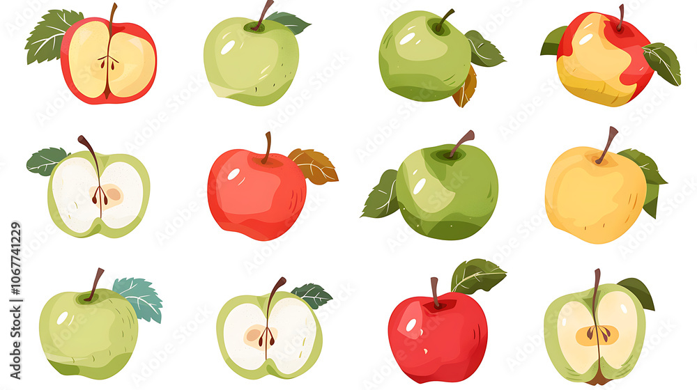 Set of apples in different colors like red, green, and yellow, with natural stems and leaves, isolated on white, cut out Set of apples in different colors like red, green, and yellow, with natural stems and leaves, isolated on white, cut out