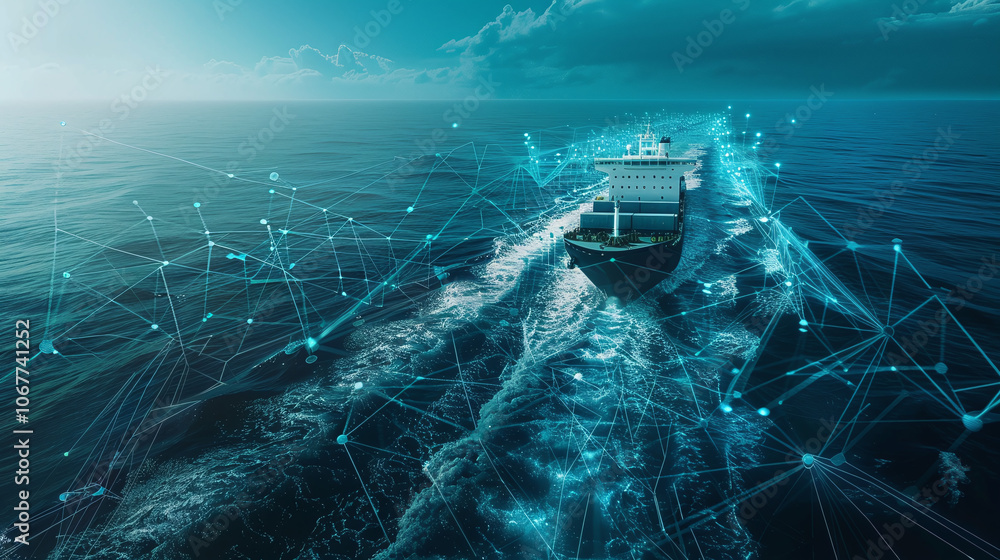 A cargo ship navigating the ocean while utilizing advanced digital technologies for route optimization and communication in the early morning light