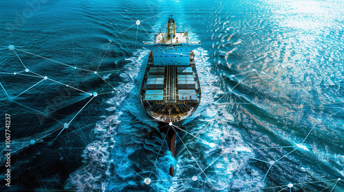 A modern cargo ship navigating through tranquil waters, interconnected with digital networks, showcasing maritime trade and technology's impact on shipping logistics