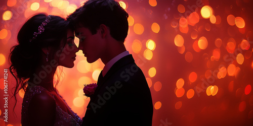 A romantic moment captured between a couple against a vibrant bokeh backdrop during an enchanting evening celebration of love