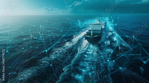 Obraz na płótnie A cargo ship navigating the ocean while utilizing advanced digital technologies for route optimization and communication in the early morning light w salonie