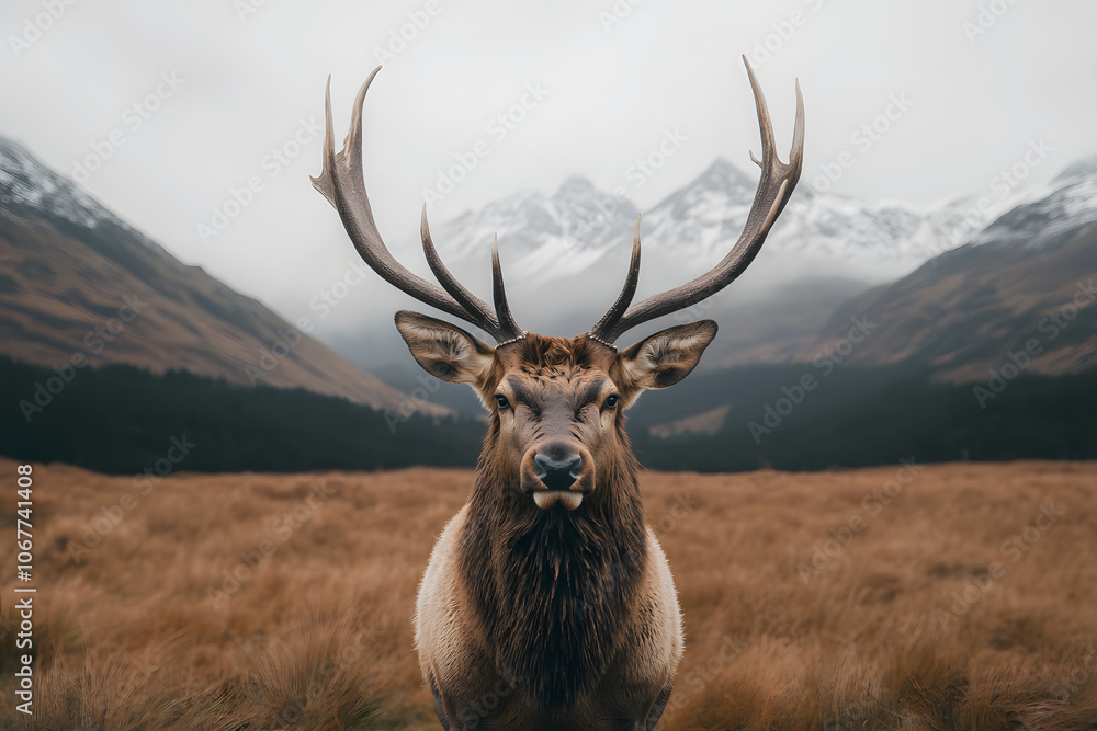 Fototapeta premium A majestic bull elk stands prominently in a grassy meadow, it’s impressive antlers reaching skyward, exuding power and grace in the heart of nature