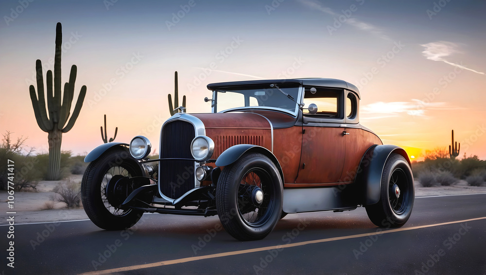 Beautiful unique vintage hot rod car driving trough desert at sunset , automotive background, tuning template, auto transport