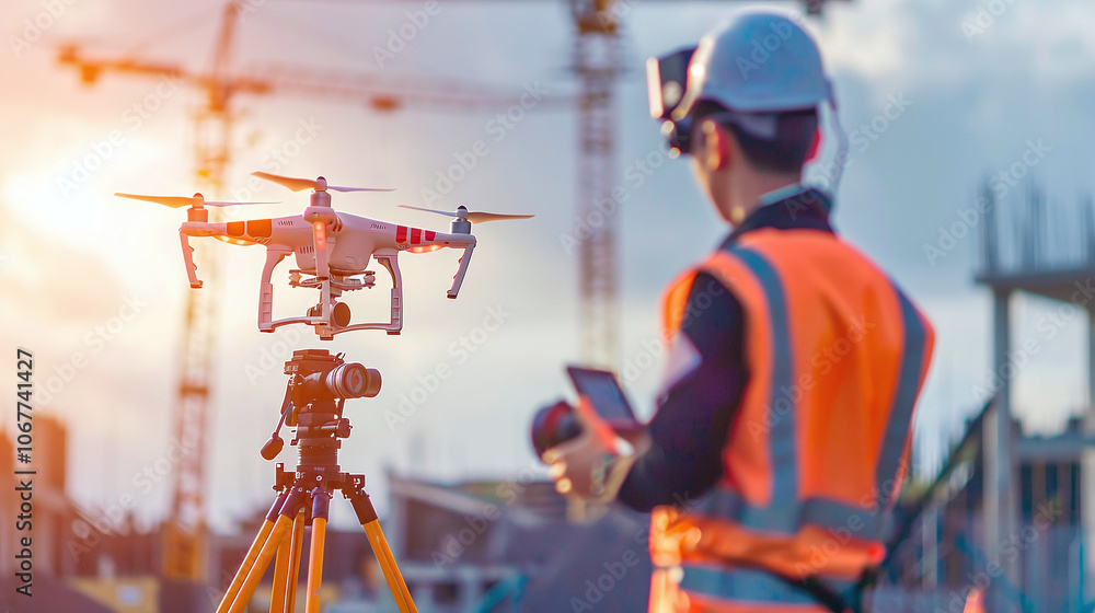 A construction worker operates a drone for site surveying during sunset at a busy building project