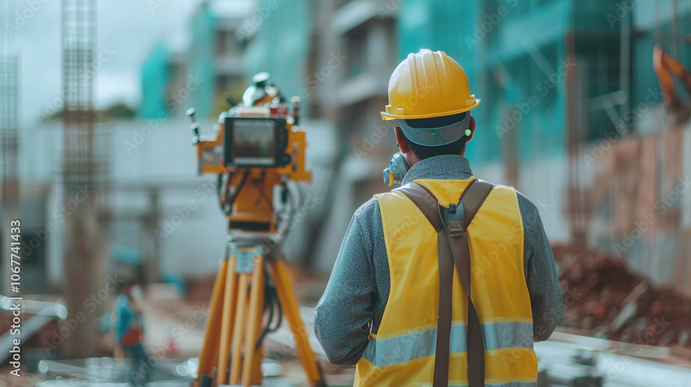 Construction worker operating surveying equipment at a building site during daylight hours, focusing on ground measurements and project progress in an urban construction area Construction worker operating surveying equipment at a building site during daylight hours, focusing on ground measurements and project progress in an urban construction area
