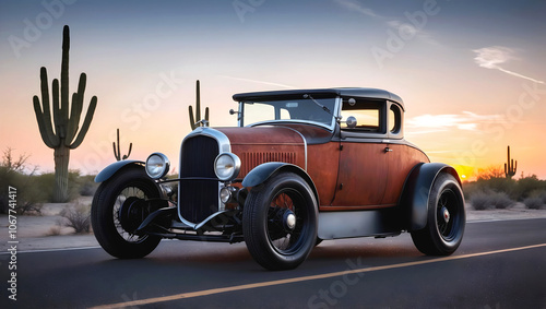 Beautiful unique vintage hot rod car driving trough desert at sunset , automotive background, tuning template, auto transport	