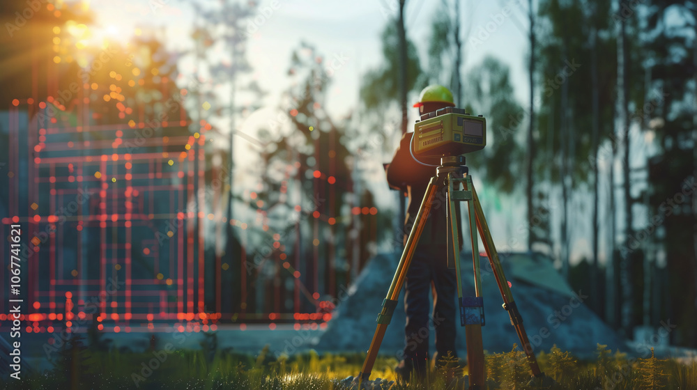 Surveyor using advanced equipment to map land during sunset in a forested area, highlighting construction planning and land development processes