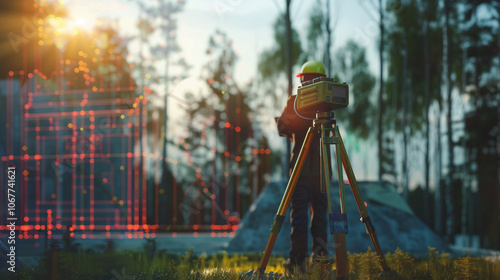 Obraz na płótnie Surveyor using advanced equipment to map land during sunset in a forested area, highlighting construction planning and land development processes w salonie