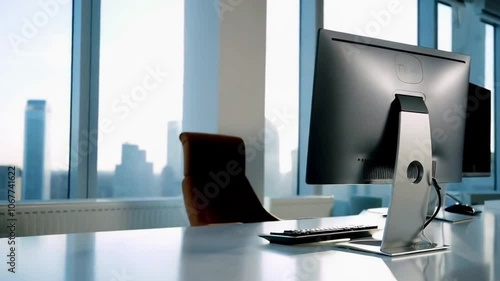 Modern office interior with computer on desk, reflecting a productive and contemporary workplace lifestyle.