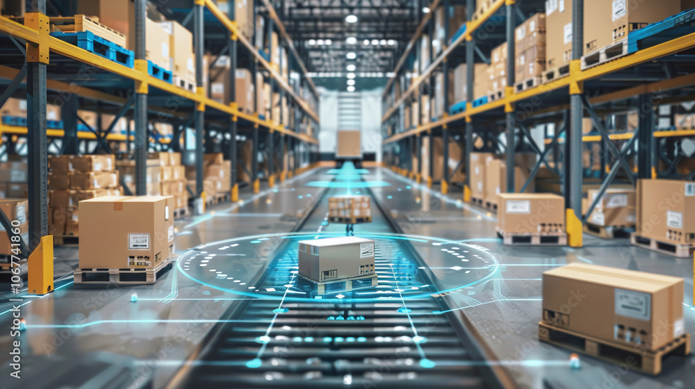 Automated sorting system in a modern warehouse with packages organized on racks, showcasing advanced logistics technology during daylight hours