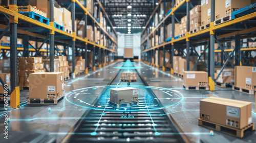 Obraz na płótnie Automated sorting system in a modern warehouse with packages organized on racks, showcasing advanced logistics technology during daylight hours w salonie