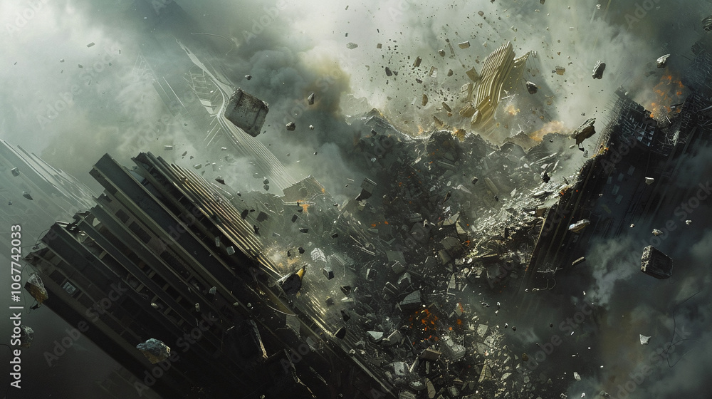 A cityscape in chaos due to a massive explosion at dusk, with debris scattering through the air and buildings crumbling under the force of destruction A cityscape in chaos due to a massive explosion at dusk, with debris scattering through the air and buildings crumbling under the force of destruction