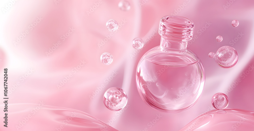 Skin Serum and Vitamin collagen with Molecule, Liquid Bubble on pink color background. 3d rendering. Skin Serum and Vitamin collagen with Molecule, Liquid Bubble on pink color background. 3d rendering.
