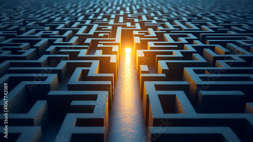 A maze with a single clear path leading to a light, symbolizing strategic direction.