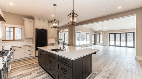 Modern Kitchen Island with White Quartz Countertop and Black Cabinetry