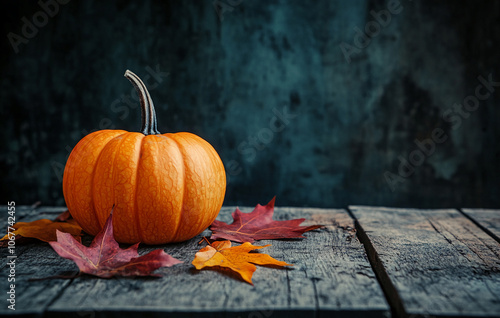 A single orange pumpkin sits on a weathered wooden table with autumn leaves scattered around it