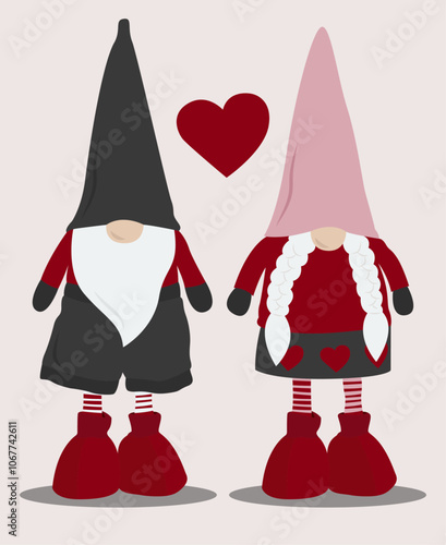 Cute couple of Christmas elves, gnomes in pink, red and gray outfits and striped tights, vector illustration
