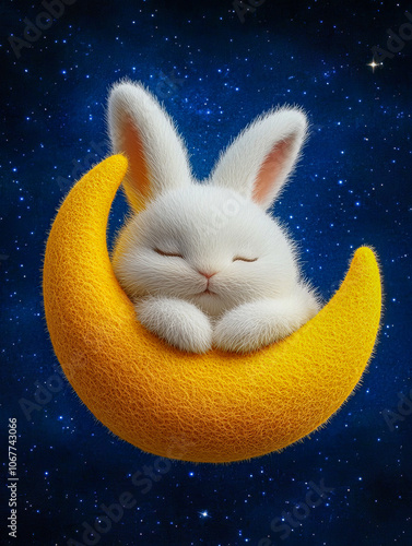 Cute bunny sleeping on the moon.