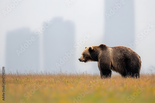 A majestic grizzly bear stands alert in a vast open field, its powerful frame silhouetted against the wild landscape, embodying strength and natural beauty photo