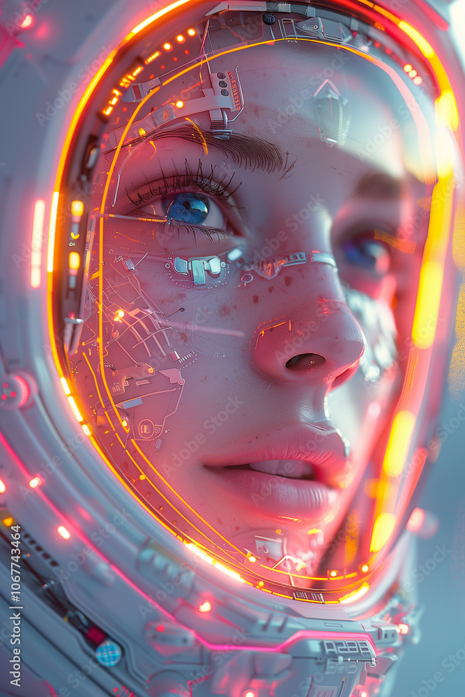 person in a mask. Digital Overlay Innovations and Technology concept. Cybernetic. Neural Connectivity. Technology background concept. Girl robot face. Artificial Intelligence Concept person in a mask. Digital Overlay Innovations and Technology concept. Cybernetic. Neural Connectivity. Technology background concept. Girl robot face. Artificial Intelligence Concept