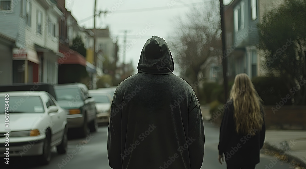 A man in a hoodie stands on a dimly lit street at night, his gaze fixed ahead as he appears to follow a girl walking briskly under the glow of streetlights A man in a hoodie stands on a dimly lit street at night, his gaze fixed ahead as he appears to follow a girl walking briskly under the glow of streetlights
