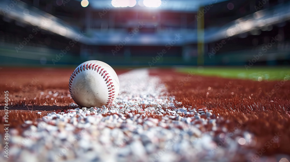 A close-up view of a baseball resting on the dirt of an empty baseball field during daylight, showcasing the smooth texture of the ball and field in a serene atmosphere