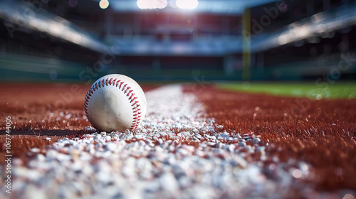 Obraz na płótnie A close-up view of a baseball resting on the dirt of an empty baseball field during daylight, showcasing the smooth texture of the ball and field in a serene atmosphere w salonie