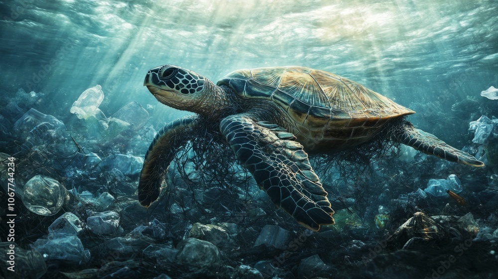 Obraz premium Sea turtle trapped in plastic AR 169