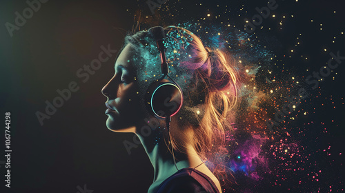 A woman listens to music through headphones, immersed in a galaxy of vibrant colors and stars, expressing creativity and imagination in a dynamic visual representation photo