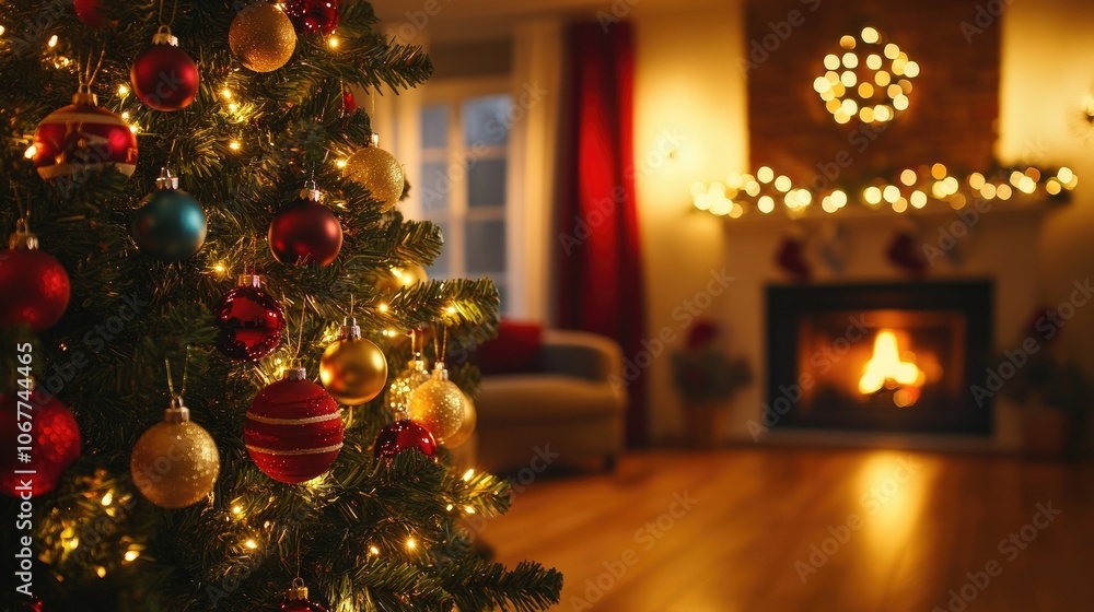 A beautifully decorated Christmas tree with ornaments and lights in a warm and cozy living room. A beautifully decorated Christmas tree with ornaments and lights in a warm and cozy living room.
