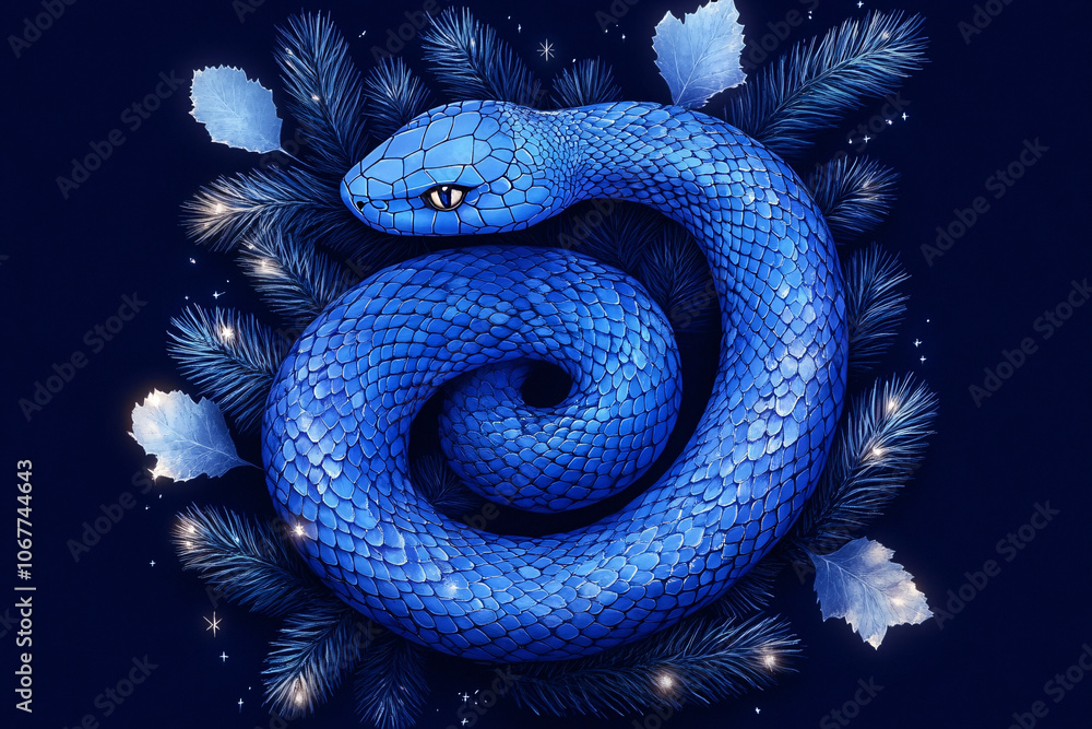 Fototapeta premium A vibrant blue snake symbolizing the Year of the Snake, perfect for Chinese New Year celebrations and themed designs, surrounded by pine branches and stars.