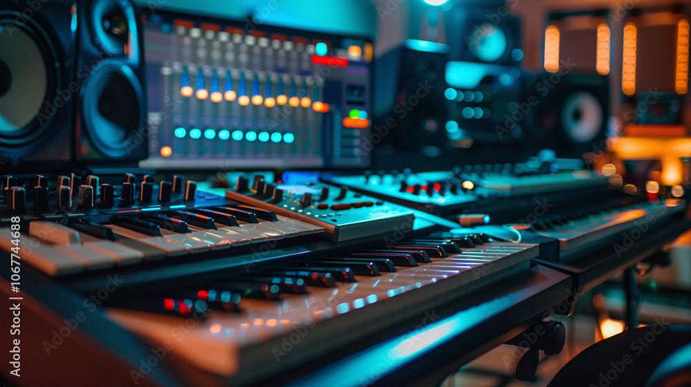 Modern music production studio with synthesizers and audio equipment showcasing colorful LED lighting during a creative session at night
