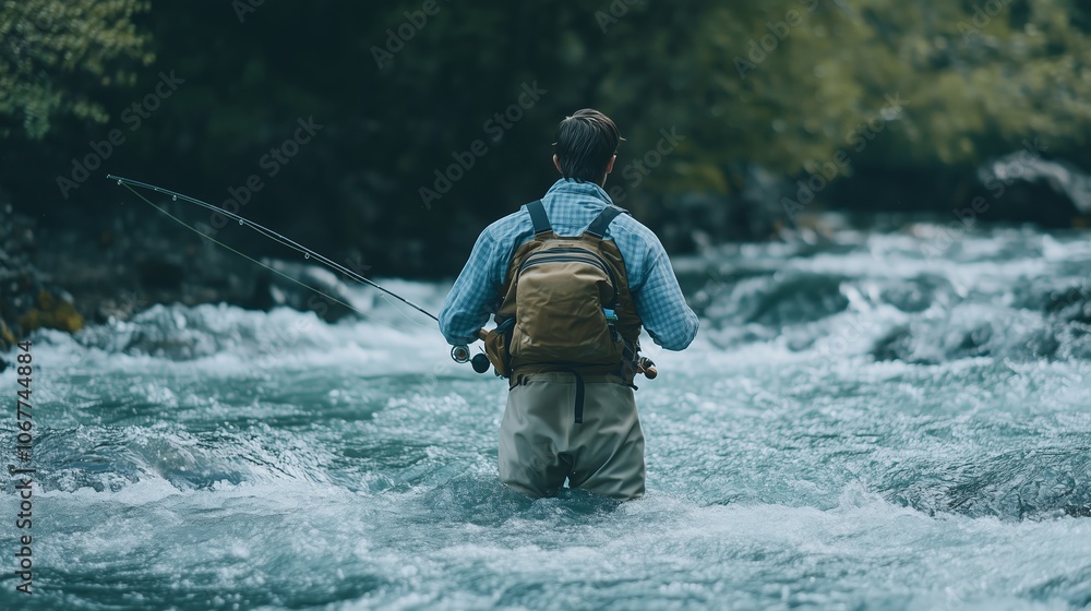 Fisherman wades through a river in serene nature, enjoying the tranquility of the outdoors during a sunny afternoon Fisherman wades through a river in serene nature, enjoying the tranquility of the outdoors during a sunny afternoon