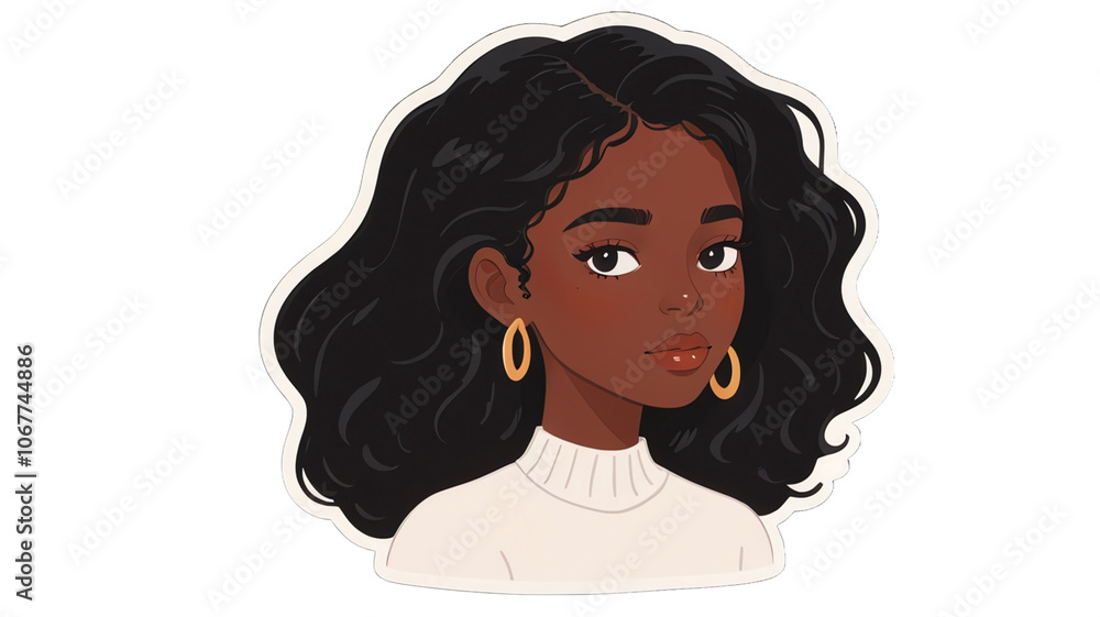 Beautiful young girl with dark hair and earrings sticker with white borders isolated Beautiful young girl with dark hair and earrings sticker with white borders isolated