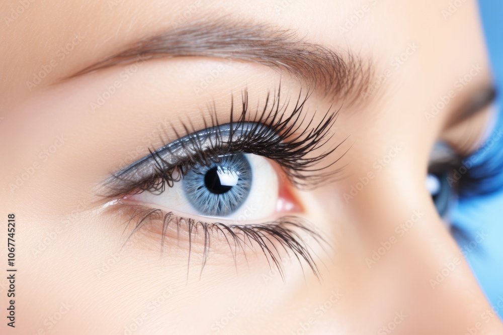 Close-up of a Females Striking Blue Eye Highlighting Long Eyelashes, Makeup, and Flawless Skin Close-up of a Females Striking Blue Eye Highlighting Long Eyelashes, Makeup, and Flawless Skin